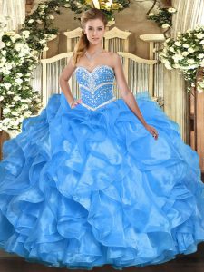 Designer Sleeveless Floor Length Beading and Ruffles Lace Up Quince Ball Gowns with Baby Blue