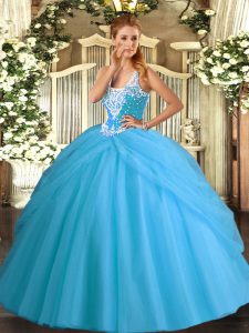 Low Price Straps Sleeveless Tulle Sweet 16 Dress Beading and Pick Ups Lace Up
