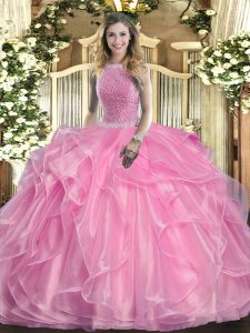 Fantastic Rose Pink Sleeveless Floor Length Beading and Ruffles Lace Up Quinceanera Dress