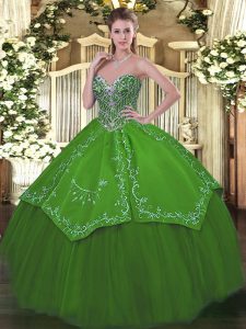 On Sale Sweetheart Sleeveless Sweet 16 Quinceanera Dress Floor Length Beading and Embroidery Green Taffeta and Tulle