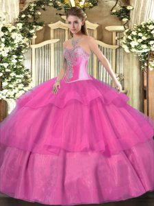 Classical Hot Pink Sleeveless Tulle Lace Up Ball Gown Prom Dress for Military Ball and Sweet 16 and Quinceanera