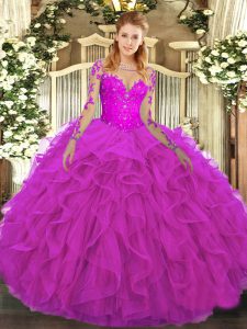 Long Sleeves Tulle Floor Length Lace Up Vestidos de Quinceanera in Fuchsia with Lace and Ruffles
