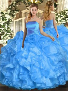 Sleeveless Organza Floor Length Lace Up Sweet 16 Dresses in Baby Blue with Ruffles