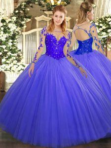 Customized Scoop Long Sleeves Quinceanera Dresses Floor Length Lace Blue Tulle
