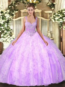 Lilac Lace Up Sweet 16 Quinceanera Dress Beading and Ruffles Sleeveless Floor Length