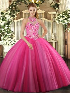 Beautiful Hot Pink Ball Gowns Embroidery Quinceanera Gowns Lace Up Tulle Sleeveless Floor Length