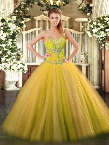 Most Popular Gold Tulle Lace Up Quinceanera Gown Sleeveless Floor Length Beading