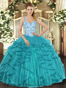Floor Length Lace Up Ball Gown Prom Dress Teal for Sweet 16 and Quinceanera with Beading and Ruffles