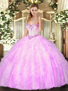 Dynamic Lilac Ball Gowns Sweetheart Sleeveless Organza Floor Length Lace Up Beading and Ruffles 15th Birthday Dress