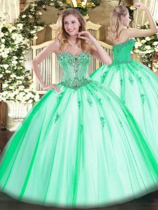 Tulle Sweetheart Sleeveless Lace Up Beading and Appliques Quinceanera Gown in Apple Green