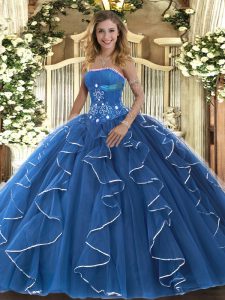 Top Selling Blue Lace Up Ball Gown Prom Dress Beading and Ruffles Sleeveless Floor Length
