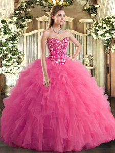Trendy Sleeveless Embroidery and Ruffles Lace Up Ball Gown Prom Dress with Hot Pink