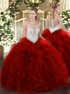 Superior Scoop Sleeveless Quinceanera Gown Floor Length Beading and Ruffles Wine Red Tulle