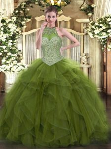 Olive Green Tulle Lace Up Halter Top Sleeveless Floor Length 15 Quinceanera Dress Beading