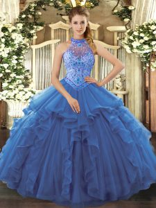Blue Vestidos de Quinceanera Sweet 16 and Quinceanera with Beading and Embroidery and Ruffles Halter Top Sleeveless Lace Up