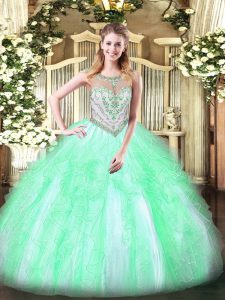 Apple Green Zipper Scoop Beading and Ruffles Quinceanera Dresses Tulle Sleeveless