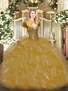 Top Selling Gold Organza Lace Up Sweetheart Sleeveless Floor Length Quince Ball Gowns Beading and Ruffles