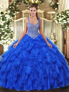 Royal Blue Ball Gown Prom Dress Military Ball and Sweet 16 and Quinceanera with Beading and Ruffles Straps Sleeveless Lace Up
