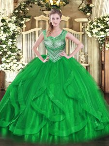Super Green Tulle Lace Up Scoop Sleeveless Floor Length 15 Quinceanera Dress Beading and Ruffles