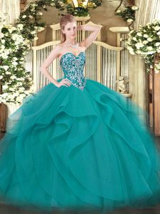 Superior Tulle Sweetheart Sleeveless Lace Up Beading and Ruffles 15 Quinceanera Dress in Teal