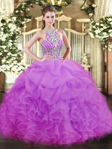 Lilac Tulle Lace Up Halter Top Sleeveless Floor Length 15th Birthday Dress Beading and Ruffles