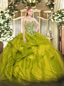Olive Green Organza Lace Up Sweetheart Sleeveless Floor Length Vestidos de Quinceanera Beading and Ruffles