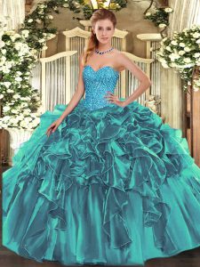 Customized Teal Lace Up Sweetheart Beading and Ruffles Sweet 16 Quinceanera Dress Organza Sleeveless
