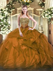 Fabulous Floor Length Brown 15 Quinceanera Dress Organza Sleeveless Beading and Ruffles