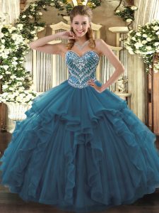 Fantastic Ball Gowns Sweet 16 Dresses Teal Sweetheart Tulle Sleeveless Floor Length Lace Up