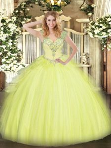 V-neck Sleeveless Quinceanera Dress Floor Length Beading and Ruffles Yellow Green Tulle