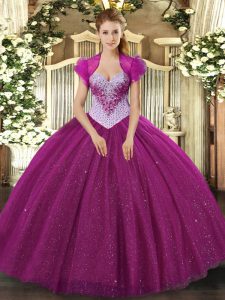 Fuchsia Ball Gowns Tulle Sweetheart Sleeveless Beading and Sequins Floor Length Lace Up Sweet 16 Dresses