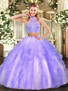 New Arrival Lavender Tulle Criss Cross Halter Top Sleeveless Floor Length Quinceanera Gowns Beading and Ruffled Layers