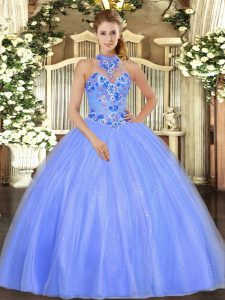 High End Floor Length Blue Quinceanera Gowns Tulle Sleeveless Embroidery