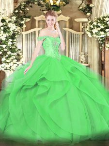 Custom Designed Sleeveless Tulle Floor Length Lace Up 15 Quinceanera Dress in Green with Beading and Ruffles