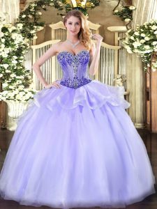 Modest Lavender Organza Lace Up Quinceanera Dresses Sleeveless Floor Length Beading