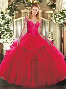 Nice Red Lace Up Scoop Lace and Ruffles Quinceanera Dress Tulle Long Sleeves