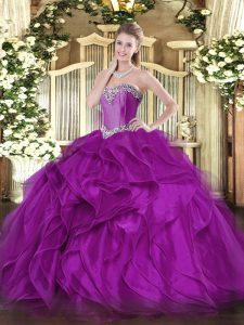 Top Selling Purple Sweetheart Lace Up Beading and Ruffles Ball Gown Prom Dress Sleeveless
