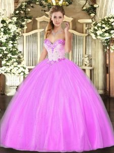 Best Lilac Sweetheart Neckline Beading Ball Gown Prom Dress Sleeveless Lace Up