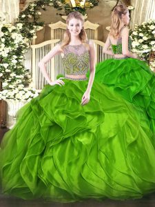 Floor Length Green Quinceanera Dress Scoop Sleeveless Lace Up