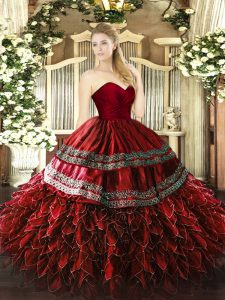 Fashionable Wine Red Sweetheart Zipper Embroidery and Ruffles Sweet 16 Dress Sleeveless