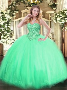 Fine Apple Green Ball Gowns Sweetheart Sleeveless Tulle Floor Length Lace Up Appliques 15 Quinceanera Dress