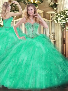 Stunning Apple Green Tulle Lace Up Sweet 16 Dress Sleeveless Floor Length Beading and Ruffles