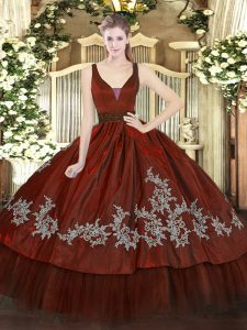 Enchanting Wine Red Organza and Taffeta Zipper Quince Ball Gowns Sleeveless Floor Length Beading and Embroidery