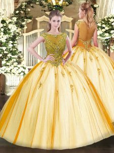 Floor Length Lace Up 15 Quinceanera Dress Gold for Sweet 16 and Quinceanera with Beading