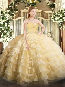 Graceful Sweetheart Sleeveless 15th Birthday Dress Floor Length Beading and Lace and Ruffled Layers Gold Tulle