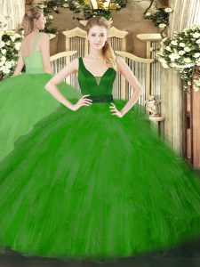 New Arrival Green Sleeveless Tulle Zipper Vestidos de Quinceanera for Military Ball and Sweet 16 and Quinceanera