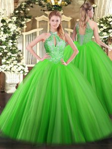 Luxury Halter Top Sleeveless Tulle Quinceanera Gowns Sequins Lace Up