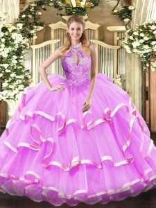 Latest Lilac Lace Up Quince Ball Gowns Beading Sleeveless Floor Length