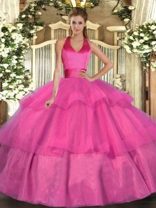 Popular Fuchsia Sleeveless Tulle Lace Up Quinceanera Gown for Military Ball and Sweet 16 and Quinceanera