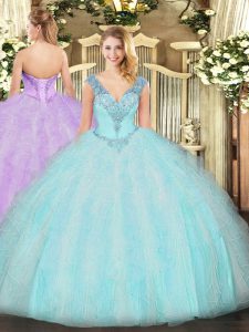 Aqua Blue Ball Gowns Ruffles Quinceanera Dresses Lace Up Organza Sleeveless Floor Length